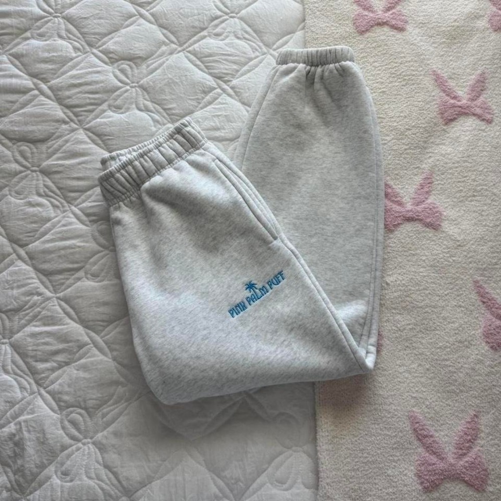 grey and blue pink palm puff embroidered jogger sweatpants